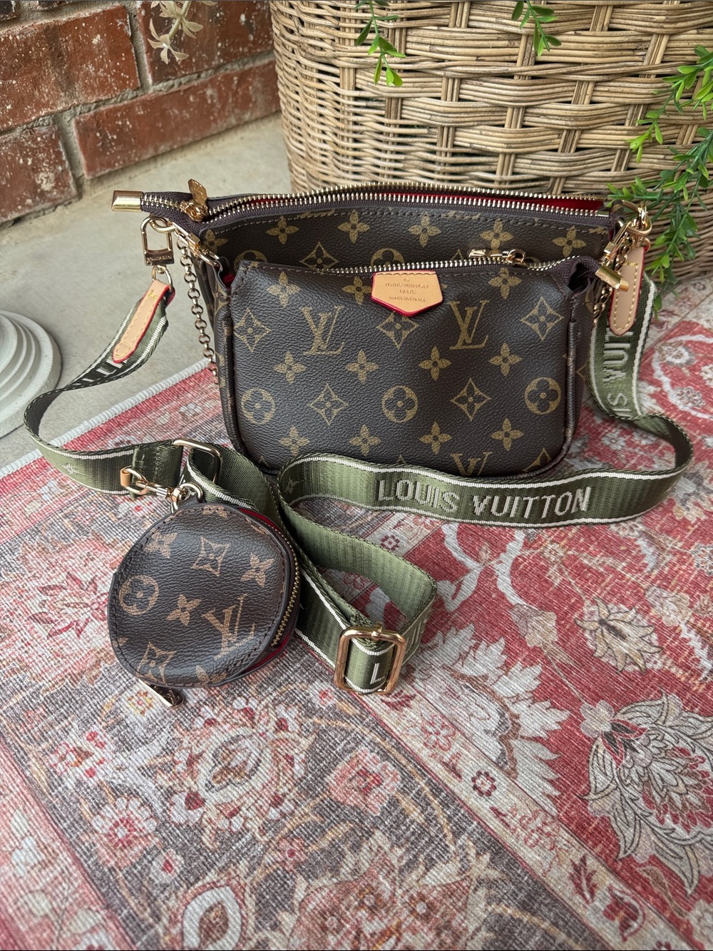 Brown Monogram Crossbody Bag with Coin Pouch with red interior